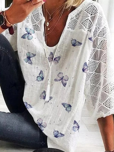 Loose Three Quarter Sleeve Crew Neck Animal Picture Casual Regular Blouse