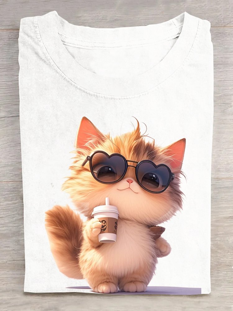 Loose Short Sleeve Crew Neck Cat Casual Regular T-Shirt