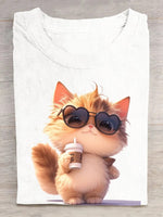 Loose Short Sleeve Crew Neck Cat Casual Regular T-Shirt
