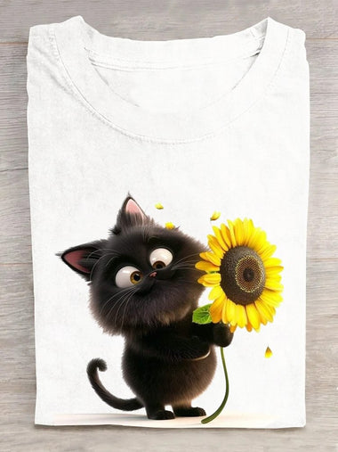Casual Short Sleeve Crew Neck Cat Loose Regular T-Shirt
