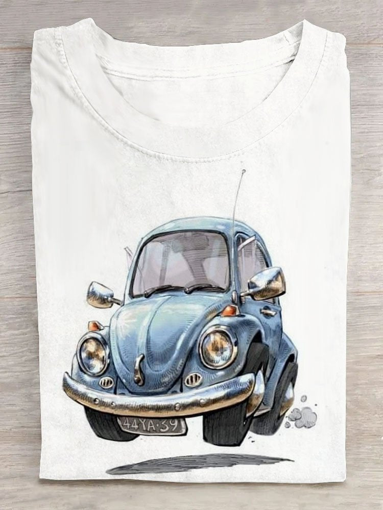 Casual Short Sleeve Crew Neck Car Loose Regular T-Shirt