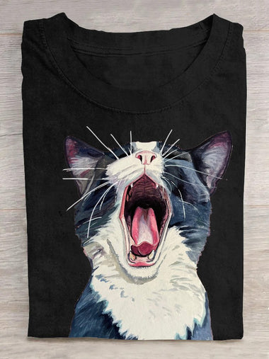Casual Short Sleeve Crew Neck Cat Loose Regular T-Shirt