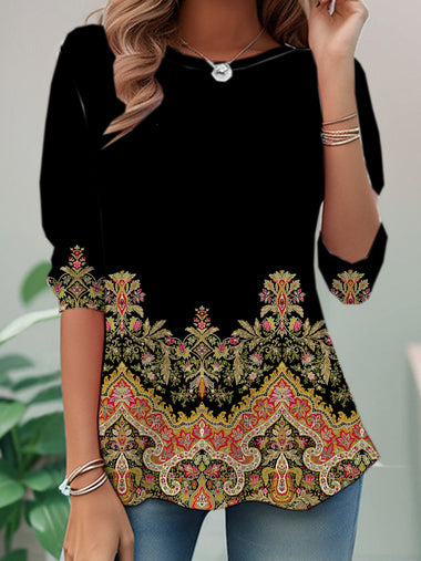 Loose Long Sleeve Crew Neck Ethnic Casual Regular Blouse