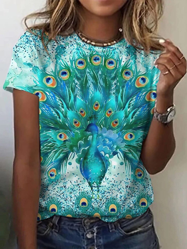 Casual Short Sleeve Crew Neck Peacock Loose Regular T-Shirt