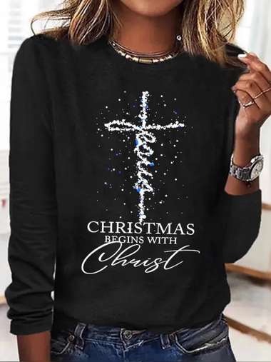 Loose Long Sleeve Crew Neck Christmas Casual Regular T-Shirt