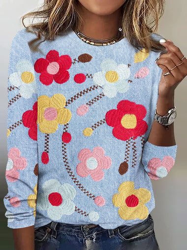 Casual Long Sleeve Crew Neck Floral Loose Regular T-Shirt