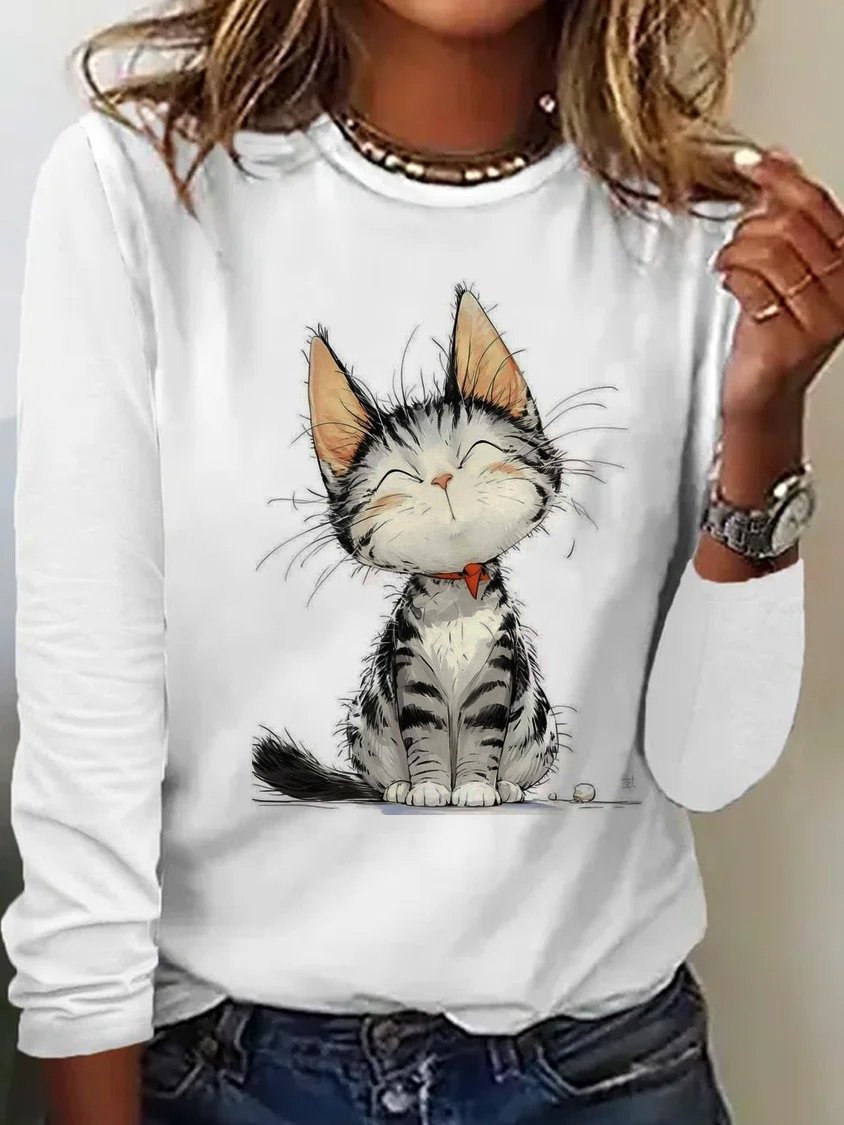 Casual Long Sleeve Crew Neck Cat Loose Regular T-Shirt
