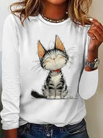 Casual Long Sleeve Crew Neck Cat Loose Regular T-Shirt