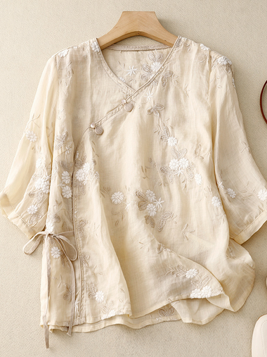Casual Three Quarter Sleeve Shirt Collar Plain Embroidery Loose Regular Blouse