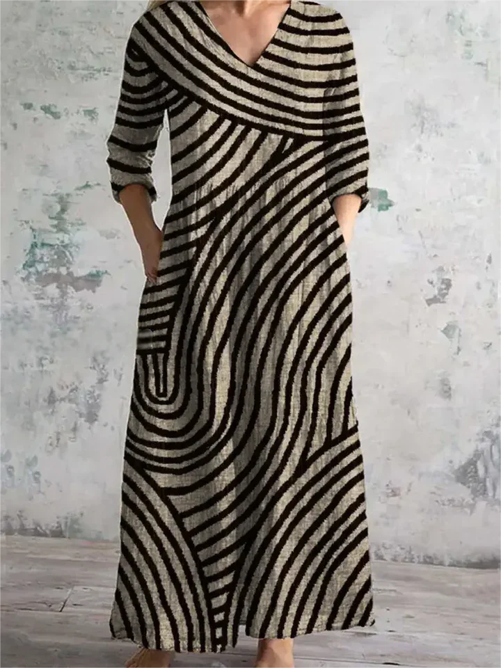 Vintage Long Sleeve V Neck Striped Maxi Dress