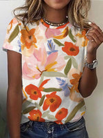 Loose Short Sleeve Crew Neck Floral Casual Regular T-Shirt