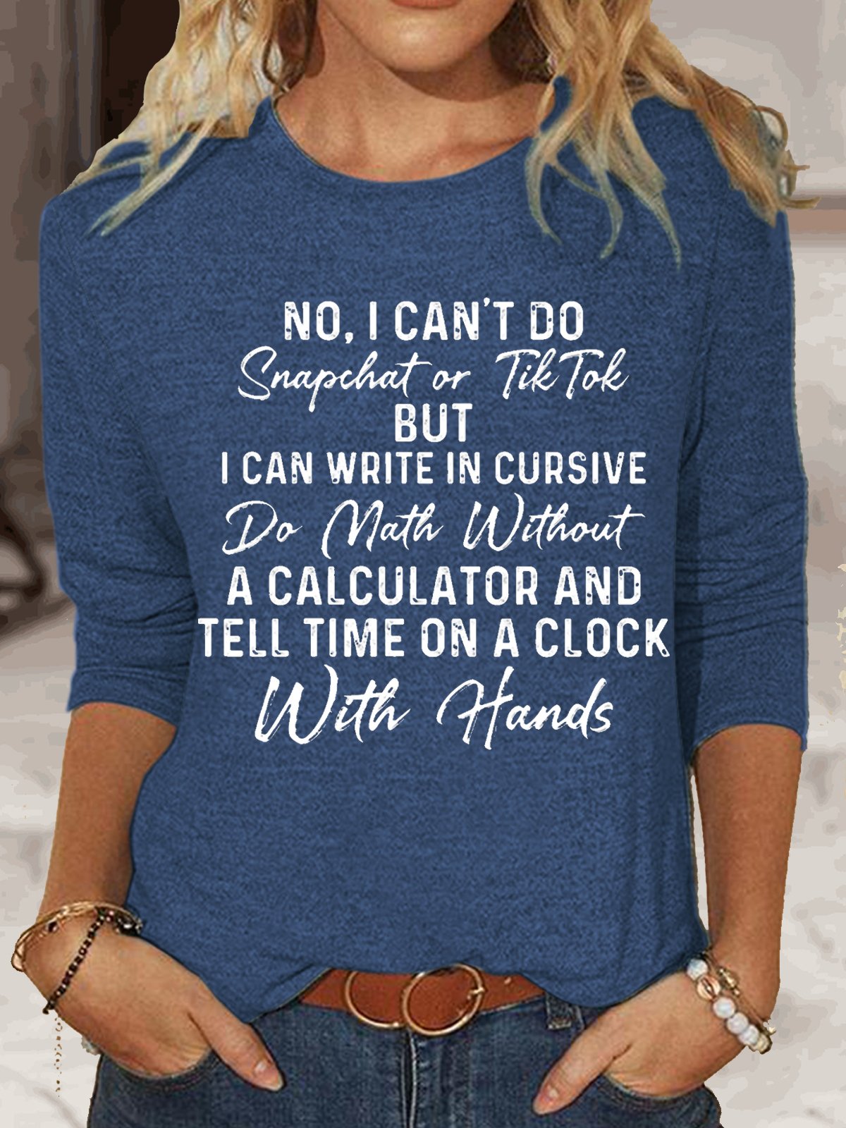 Long Sleeve Crew Neck Text Letters Casual Regular Blouse