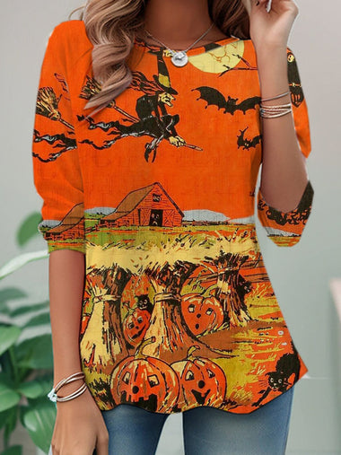 Casual Long Sleeve Crew Neck Halloween Loose Regular T-Shirt