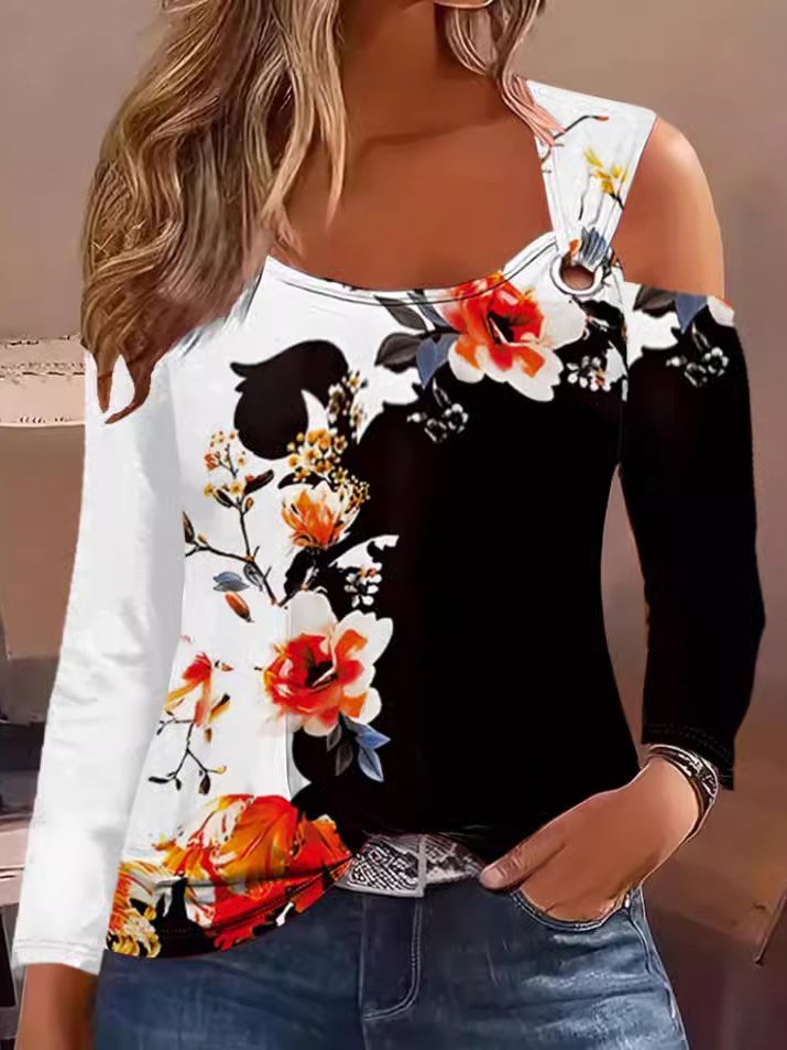 Casual Long Sleeve Crew Neck Floral Regular Blouse