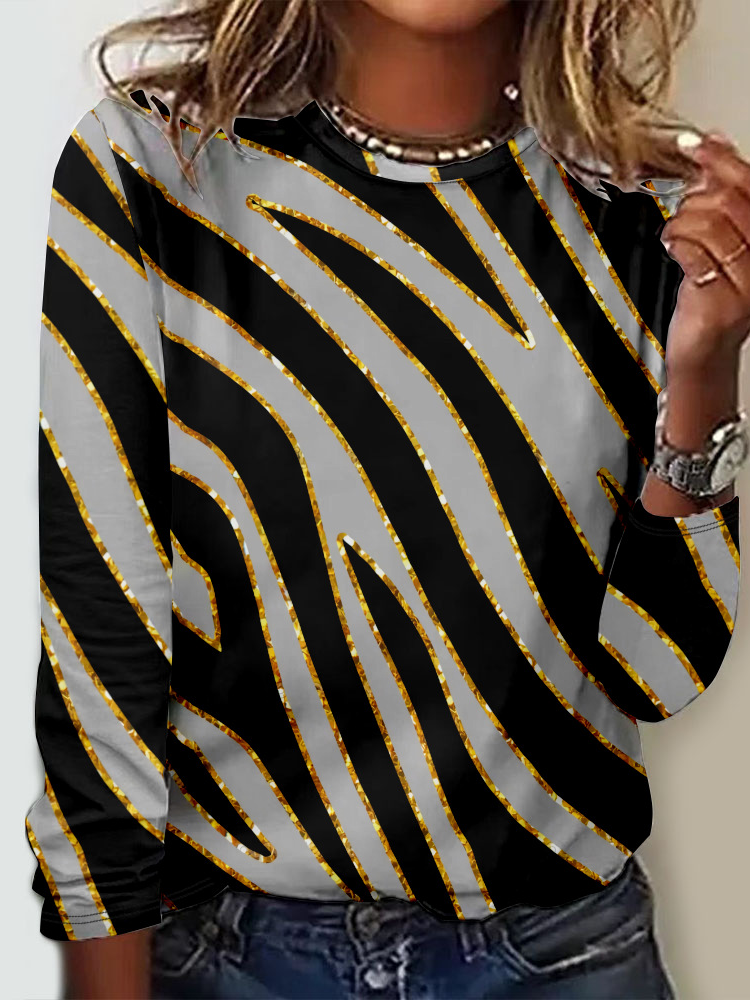 Casual Long Sleeve Crew Neck Geometric Loose Regular T-Shirt
