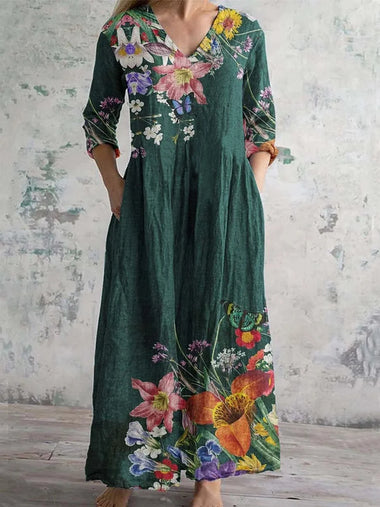 Casual Long Sleeve V Neck Floral Maxi Dress