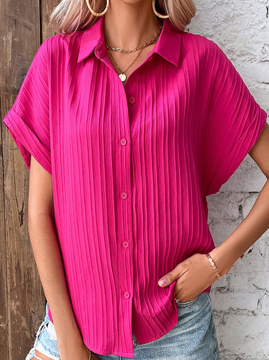 Loose Short Sleeve Shirt Collar Plain Casual Regular Blouse