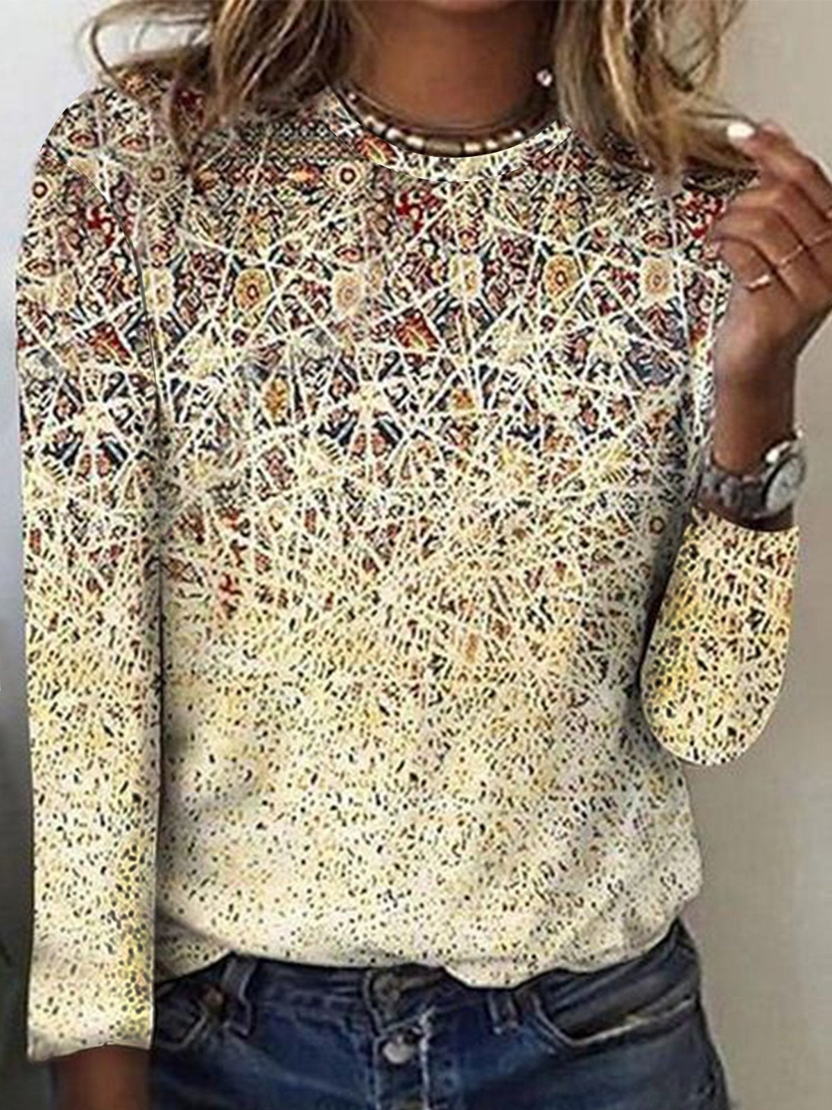 Long Sleeve Crew Neck Gradient Pattern Casual Regular T-Shirt