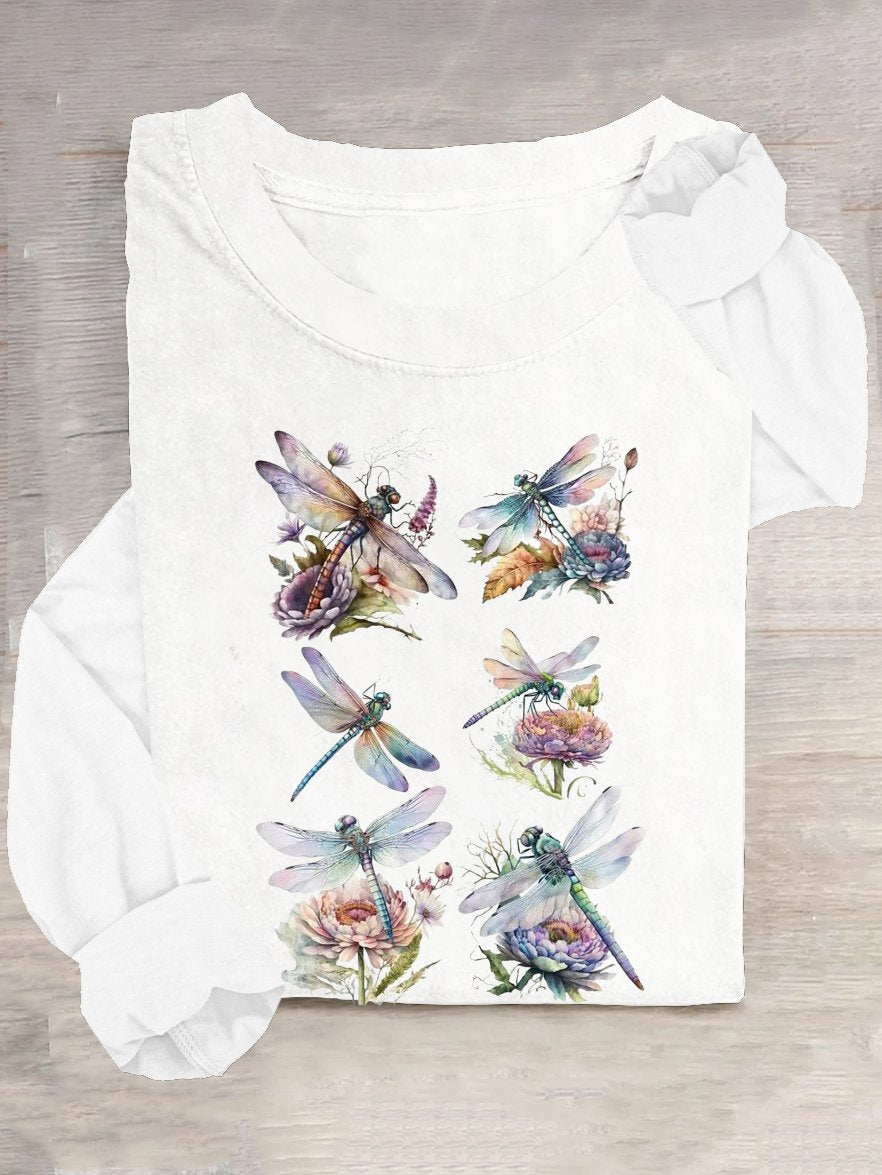 Casual Long Sleeve Crew Neck Floral Dragonfly Loose Regular T-Shirt