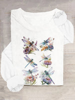 Casual Long Sleeve Crew Neck Floral Dragonfly Loose Regular T-Shirt