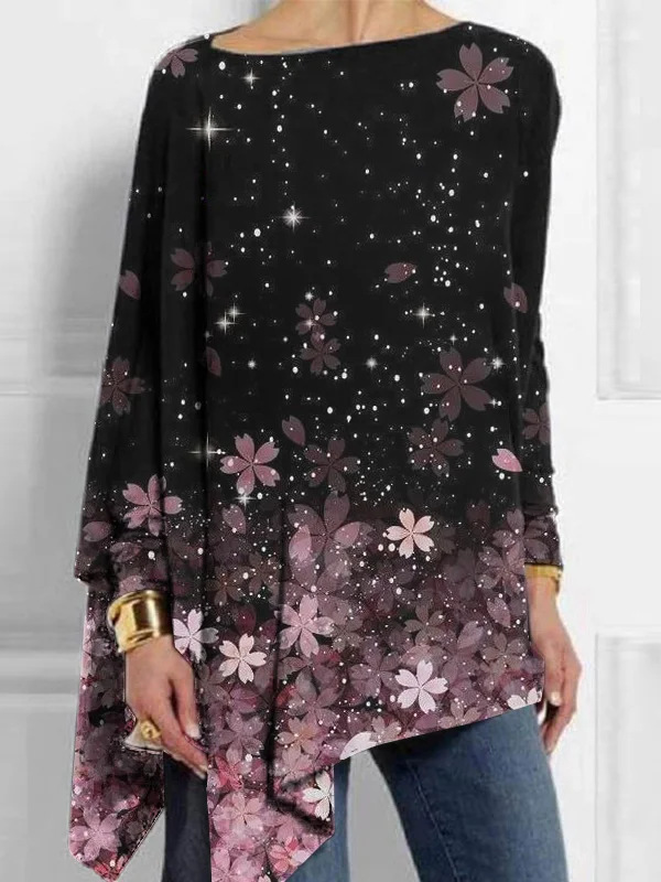 Loose Long Sleeve Crew Neck Floral Butterfly Casual Mid-Long Blouse