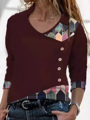 Loose Long Sleeve V Neck Abstract Graphic Casual Regular Blouse