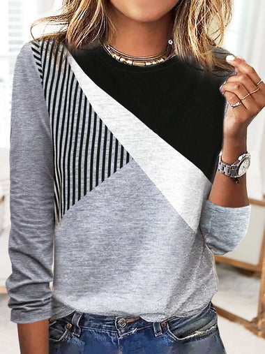 Loose Long Sleeve Crew Neck Striped Casual Regular T-Shirt