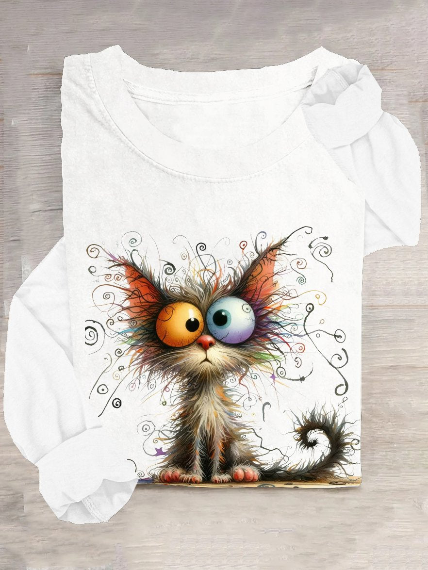 Casual Long Sleeve Crew Neck Cat Loose Regular T-Shirt