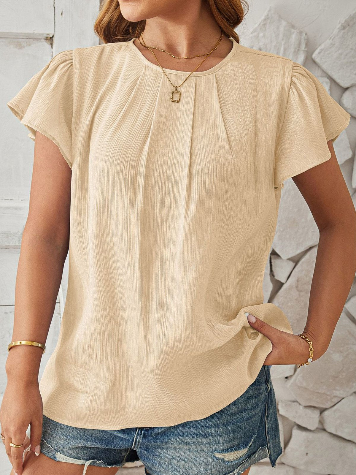 Casual Short Sleeve Crew Neck Plain Loose Regular Blouse