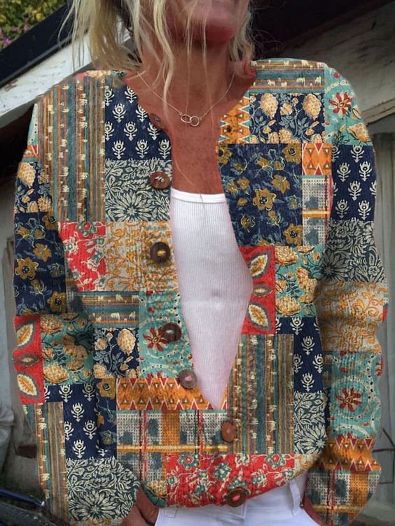 Loose Crew Neck Long Sleeve Floral Casual Regular Jacket