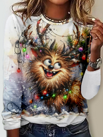 Casual Long Sleeve Crew Neck Christmas Loose Regular T-Shirt