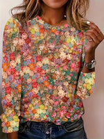 Loose Long Sleeve Crew Neck Floral Casual Regular T-Shirt