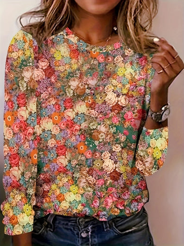 Loose Long Sleeve Crew Neck Floral Casual Regular T-Shirt