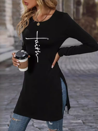 Loose Long Sleeve Crew Neck Jesus Copy Casual Mid-Long T-Shirt