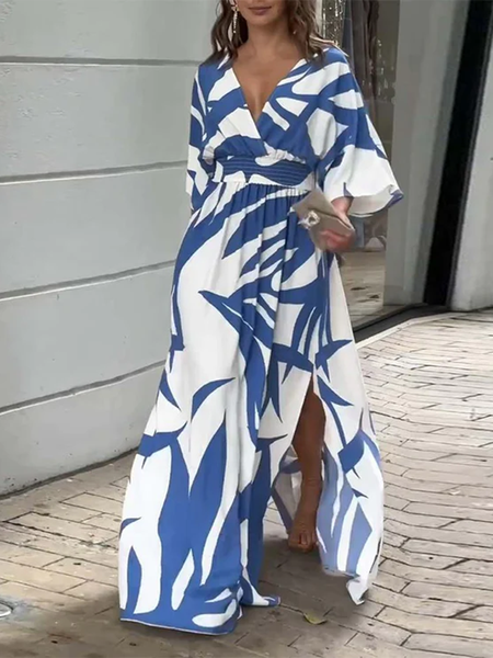 Casual Half Sleeve V Neck Geometric Maxi Dress