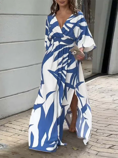 Casual Half Sleeve V Neck Geometric Maxi Dress
