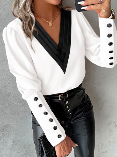 Casual Long Sleeve V Neck Color Block Loose Regular Blouse