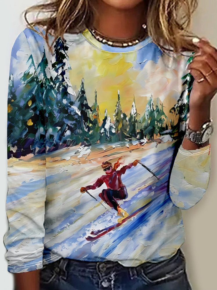 Loose Long Sleeve Crew Neck Abstract Casual Regular T-Shirt