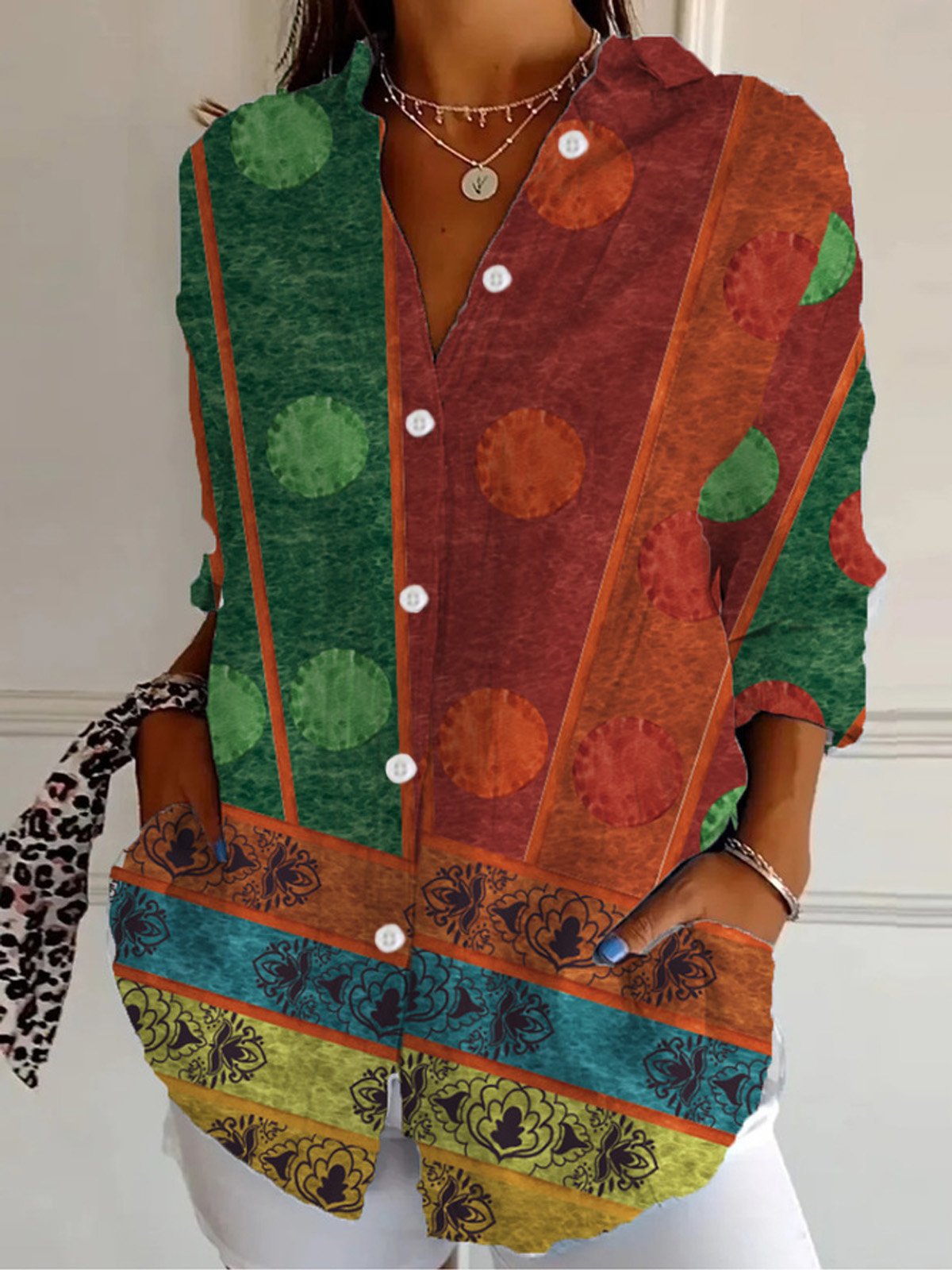 Loose Long Sleeve Shirt Collar Abstract Casual Regular Shirt
