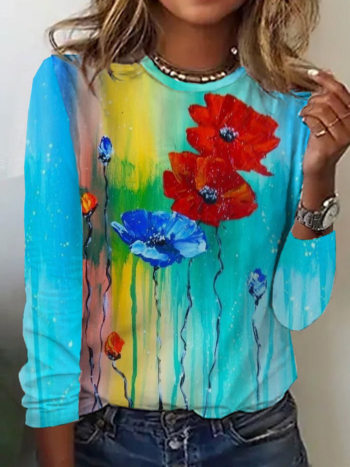 Loose Long Sleeve Crew Neck Floral Casual Regular T-Shirt