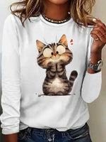 Casual Long Sleeve Crew Neck Cat Loose Regular T-Shirt