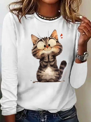 Casual Long Sleeve Crew Neck Cat Loose Regular T-Shirt