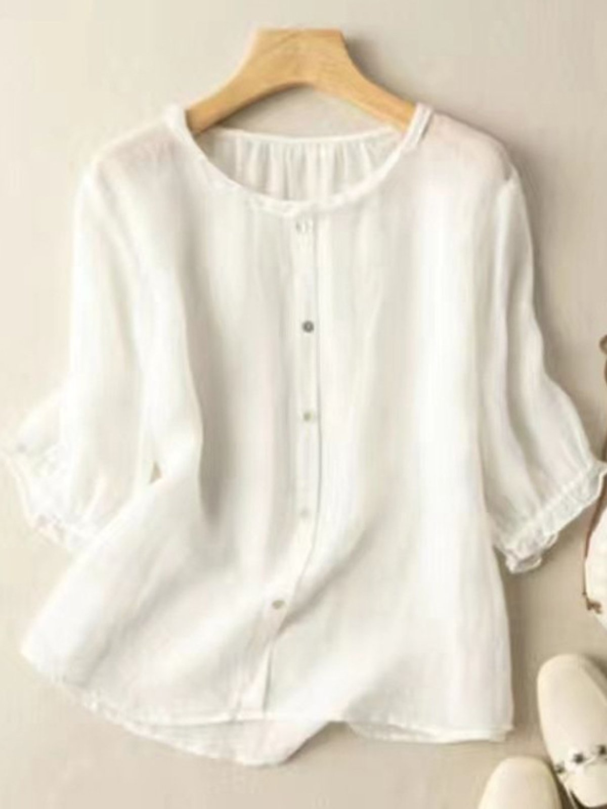 Loose Half Sleeve Crew Neck Plain Casual Regular Shirt