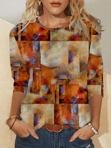 Casual Long Sleeve Crew Neck Geometric Loose Regular T-Shirt