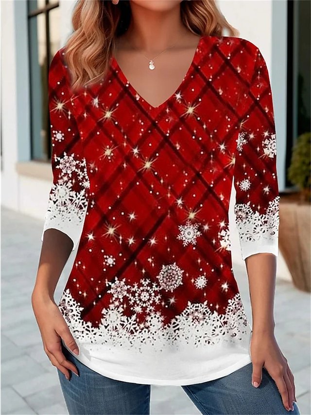 Casual Long Sleeve V Neck Christmas Loose Regular T-Shirt