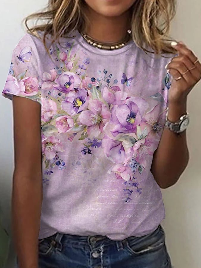 Loose Short Sleeve Crew Neck Floral Casual Regular T-Shirt