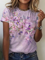 Loose Short Sleeve Crew Neck Floral Casual Regular T-Shirt