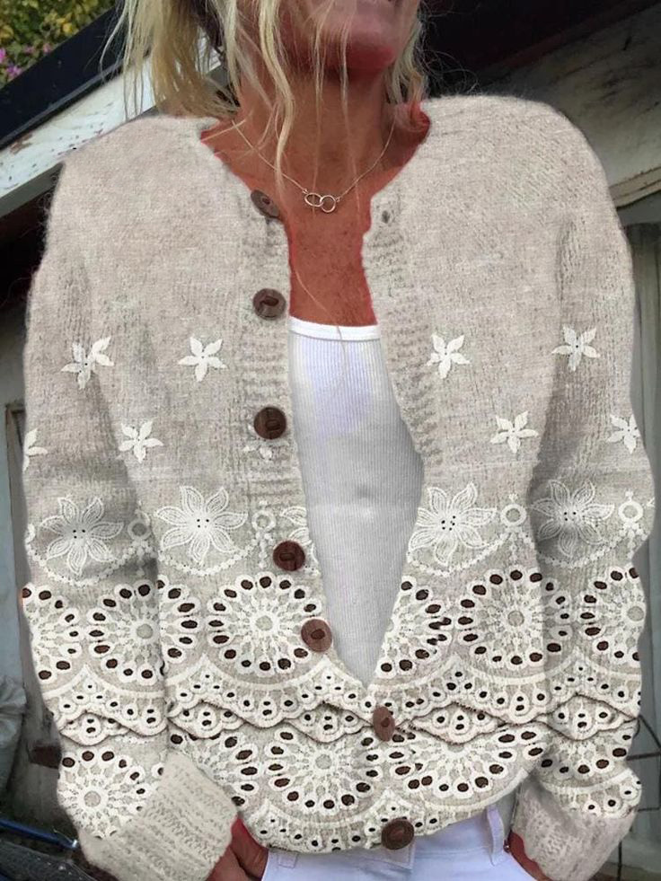 Loose Crew Neck Long Sleeve Floral Casual Regular Jacket