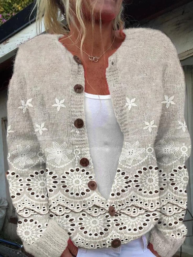 Loose Crew Neck Long Sleeve Floral Casual Regular Jacket