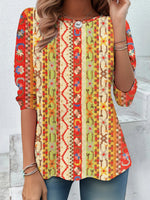 Casual Long Sleeve Crew Neck Ethnic Loose Regular T-Shirt